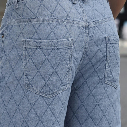 Summer Plaid Jacquard Denim Shorts - Mid-Length, Casual, Comfortable, Cotton Blend Blue Pants