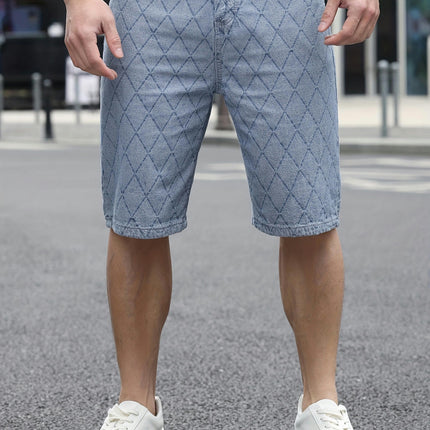 Summer Plaid Jacquard Denim Shorts - Mid-Length, Casual, Comfortable, Cotton Blend Blue Pants