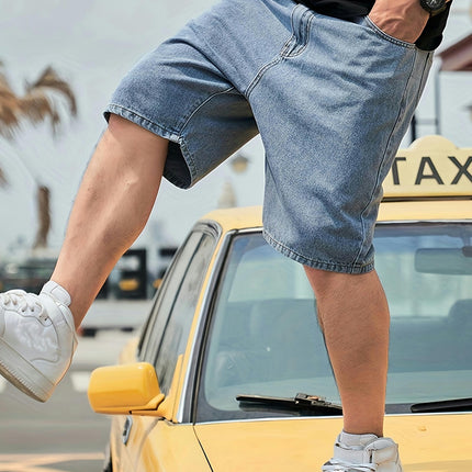 Relaxed Fit Denim Barrel Shorts with Pockets for Summer Outdoor Activities, Casual Jorts for Men