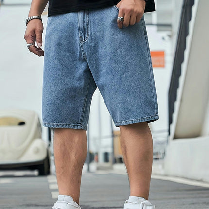 Relaxed Fit Denim Barrel Shorts with Pockets for Summer Outdoor Activities, Casual Jorts for Men