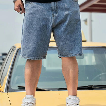 Relaxed Fit Denim Barrel Shorts with Pockets for Summer Outdoor Activities, Casual Jorts for Men