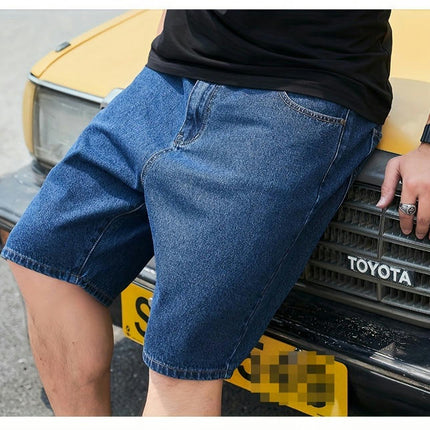 Relaxed Fit Denim Barrel Shorts with Pockets for Summer Outdoor Activities, Casual Jorts for Men