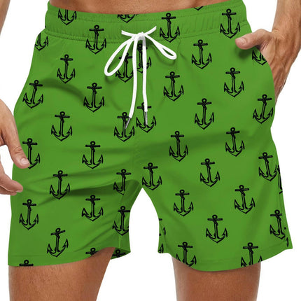 Nautical Charm Mens Hawaiian Shorts-Anchor Graphic,Drawstring Waist, Ultra-Quick Dry Swim Trunks