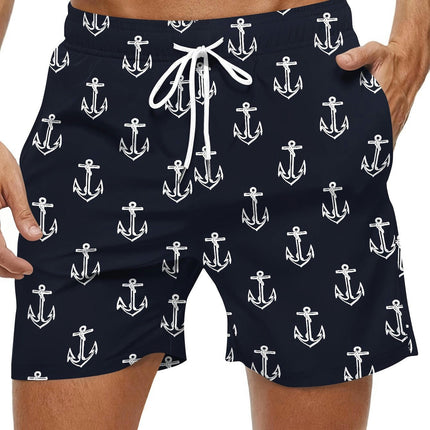 Nautical Charm Mens Hawaiian Shorts-Anchor Graphic,Drawstring Waist, Ultra-Quick Dry Swim Trunks