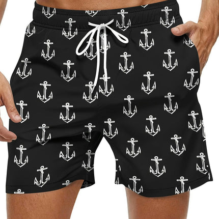 Nautical Charm Mens Hawaiian Shorts-Anchor Graphic,Drawstring Waist, Ultra-Quick Dry Swim Trunks