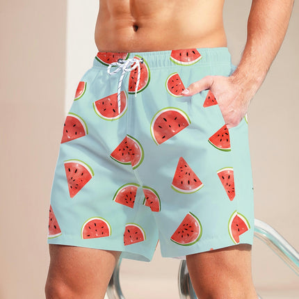 Watermelon Print Men's Casual Loose Drawstring Shorts With Pockets For Summer Beach Sports