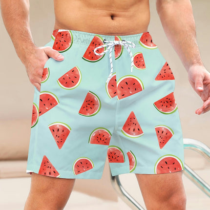 Watermelon Print Men's Casual Loose Drawstring Shorts With Pockets For Summer Beach Sports