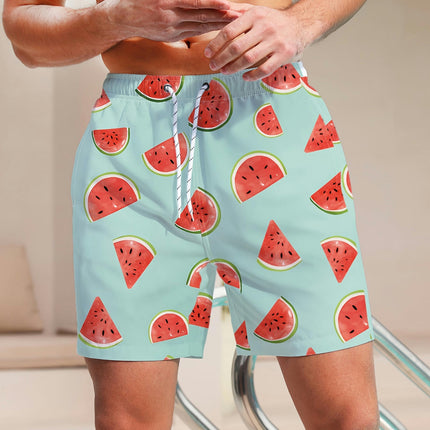 Watermelon Print Men's Casual Loose Drawstring Shorts With Pockets For Summer Beach Sports