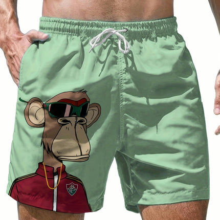 Men's Cartoon Monkey Graphic Shorts With Drawstrings, Casual Loose Fit Beach Shorts For Summer