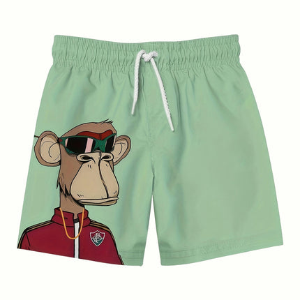 Men's Cartoon Monkey Graphic Shorts With Drawstrings, Casual Loose Fit Beach Shorts For Summer