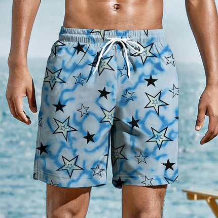 Men's Summer Starry Sky Print Shorts With Drawstring Shorts For Summer Leisure, Vacation, Beach