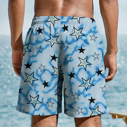 Men's Summer Starry Sky Print Shorts With Drawstring Shorts For Summer Leisure, Vacation, Beach