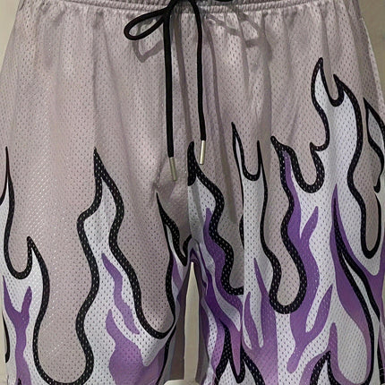 Loose Fit Fire Pattern Shorts with Pockets Drawstring Design Perfect for Casual, Everyday Wear