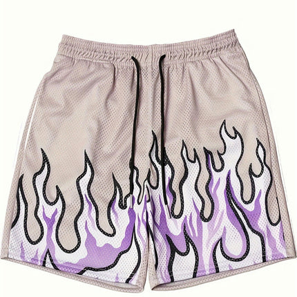 Loose Fit Fire Pattern Shorts with Pockets Drawstring Design Perfect for Casual, Everyday Wear