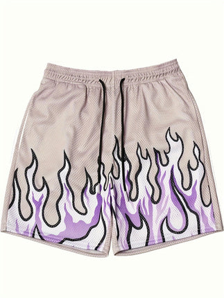 Loose Fit Fire Pattern Shorts with Pockets Drawstring Design Perfect for Casual, Everyday Wear