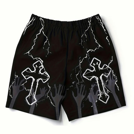 Men's 3D Geometric Print Beach Shorts - Casual, Men's Shorts With Drawstring