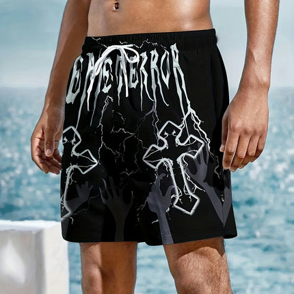 Men's 3D Geometric Print Beach Shorts - Casual, Men's Shorts With Drawstring