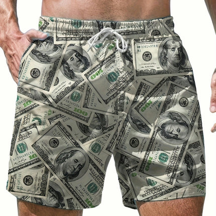 Men's Money Pattern Shorts With Pockets, Casual Breathable Waist Drawstring Shorts For Summer