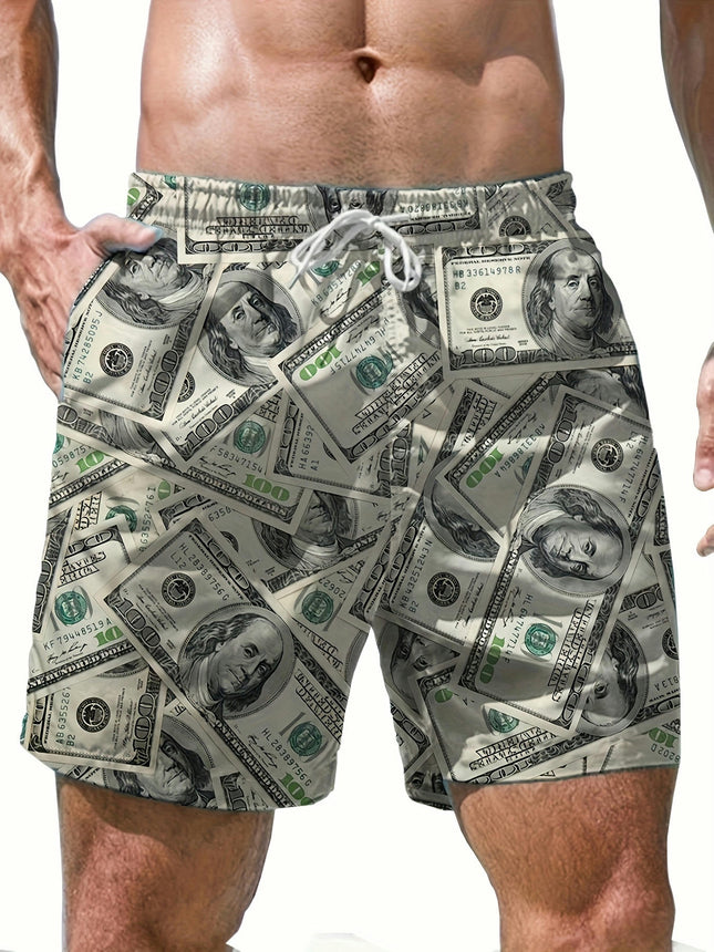 Men's Money Pattern Shorts With Pockets, Casual Breathable Waist Drawstring Shorts For Summer