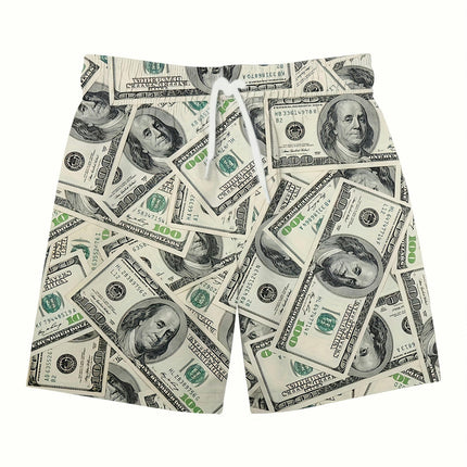 Men's Money Pattern Shorts With Pockets, Casual Breathable Waist Drawstring Shorts For Summer