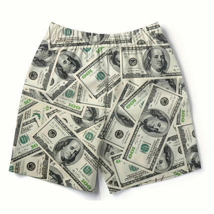 Men's Money Pattern Shorts With Pockets, Casual Breathable Waist Drawstring Shorts For Summer