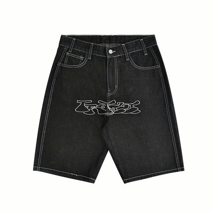 Men's Loose Letters Embroidery Denim Shorts With Pockets Blend Jorts For Summer Outdoor Activities