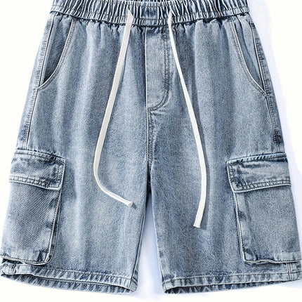 Men's Loose Denim Shorts With Multi Pockets, Casual Drawstring Jorts For Outdoor Activities