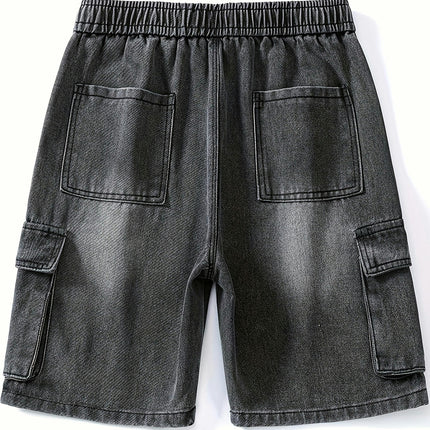 Men's Loose Denim Shorts With Multi Pockets, Casual Drawstring Jorts For Outdoor Activities