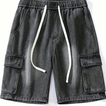 Men's Loose Denim Shorts With Multi Pockets, Casual Drawstring Jorts For Outdoor Activities