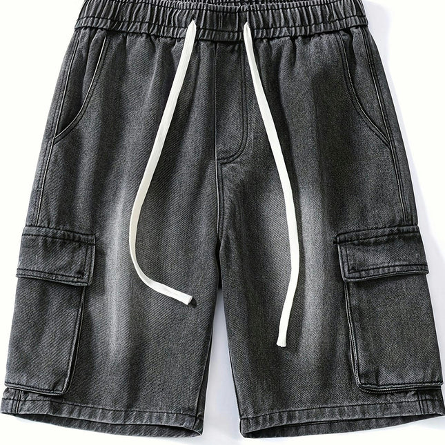 Men's Loose Denim Shorts With Multi Pockets, Casual Drawstring Jorts For Outdoor Activities