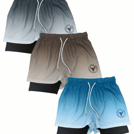 3pcs Men's 2-in-1 Active Shorts With Pockets, Gym Shorts For Running, Beach, And Casual Outings