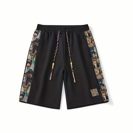 Men's Summer Embroidery Graphic Print Shorts With Pockets, Casual Elastic Waist Drawstring Shorts