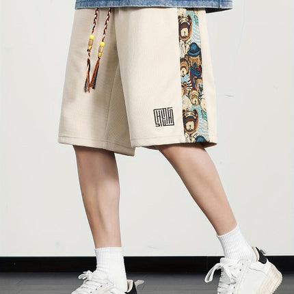 Men's Summer Embroidery Graphic Print Shorts With Pockets, Casual Elastic Waist Drawstring Shorts