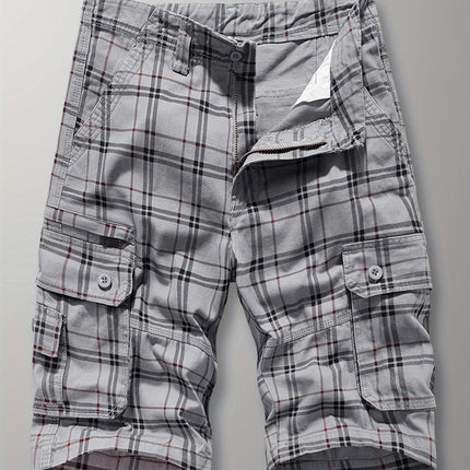 Plaid Print Men's Summer Casual Cargo Shorts, Suitable For Outdoor Sports, Comfortable Versatile