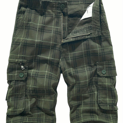 Plaid Print Men's Summer Casual Cargo Shorts, Suitable For Outdoor Sports, Comfortable Versatile