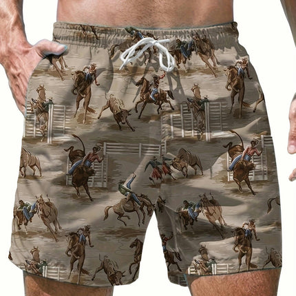 Western Cowboys Pattern Men's Drawstring Shorts With Pockets For Summer Beach Sports