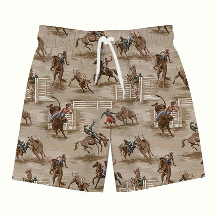 Western Cowboys Pattern Men's Drawstring Shorts With Pockets For Summer Beach Sports