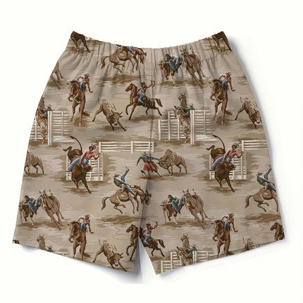 Western Cowboys Pattern Men's Drawstring Shorts With Pockets For Summer Beach Sports