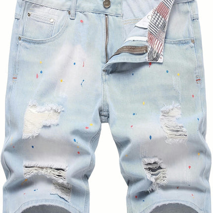 Men's Ripped Denim Shorts With Colorful Polka Dots, Casual Jorts Summer Bottoms For Men