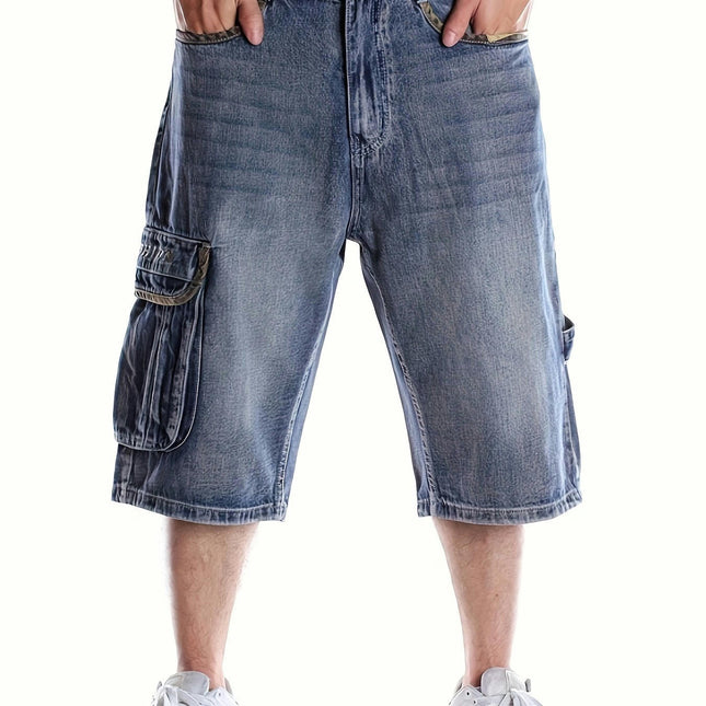 Men's Loose Solid Denim Shorts With Multi Pockets, Casual Jorts For Summer Outdoor Activities