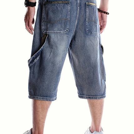 Men's Loose Solid Denim Shorts With Multi Pockets, Casual Jorts For Summer Outdoor Activities