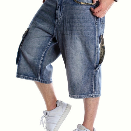 Men's Loose Solid Denim Shorts With Multi Pockets, Casual Jorts For Summer Outdoor Activities