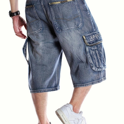 Men's Loose Solid Denim Shorts With Multi Pockets, Casual Jorts For Summer Outdoor Activities