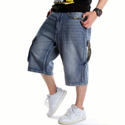 Men's Loose Solid Denim Shorts With Multi Pockets, Casual Jorts For Summer Outdoor Activities