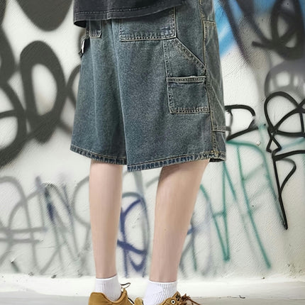 Summer Men's Wide Leg Denim Shorts With Pockets, Street Style Jorts For Males