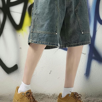 Summer Men's Wide Leg Denim Shorts With Pockets, Street Style Jorts For Males