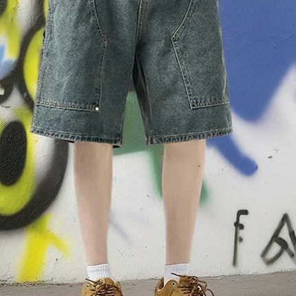 Summer Men's Wide Leg Denim Shorts With Pockets, Street Style Jorts For Males