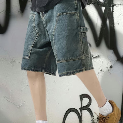 Summer Men's Wide Leg Denim Shorts With Pockets, Street Style Jorts For Males