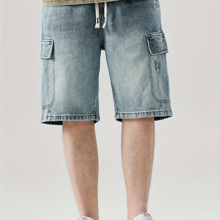 Men's Solid Denim Shorts With Pockets, Casual Breathable Cotton Blend Drawstring Jeans For Outdoor