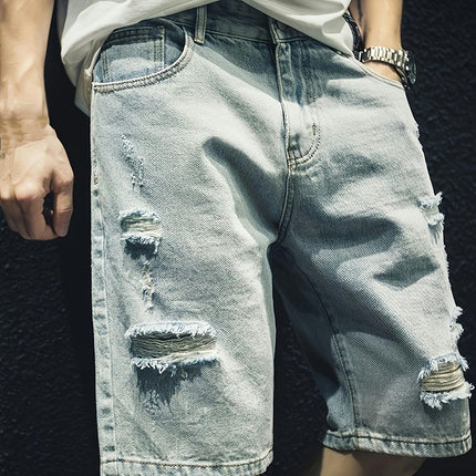 Men's Solid Ripped Denim Shorts With Pockets, Casual Cotton Blend Jorts For Summer Outdoor